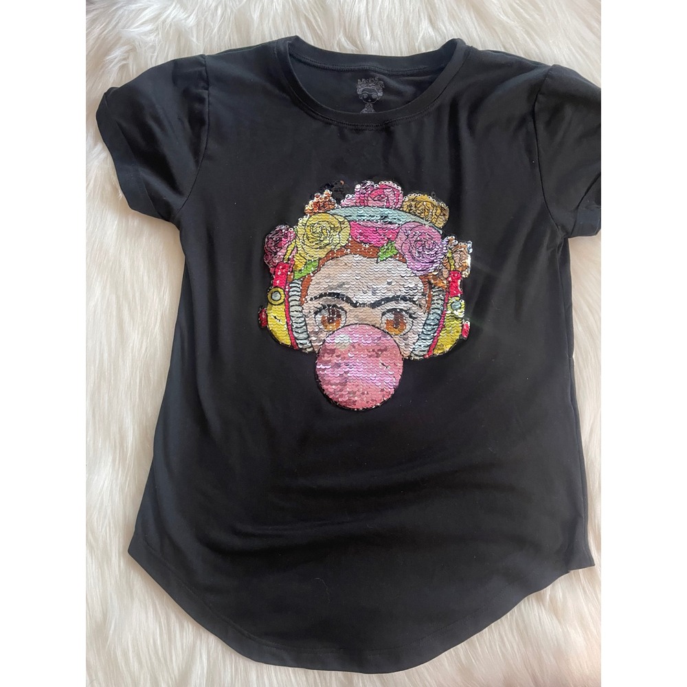 Girls Black Frida  Sequins Patch  T- Shirt Size L 8/10 New